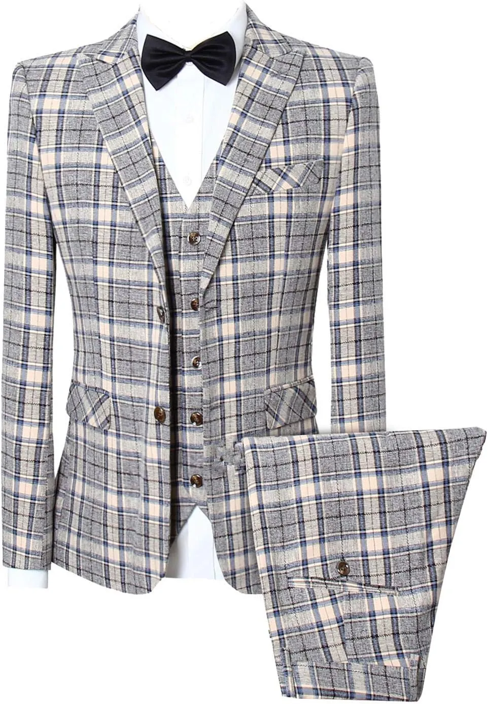 MOGU Mens Three Piece Slim Fit Plaid Suit Blazer Jacket Vest Pants