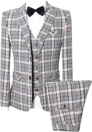 MOGU Mens Three Piece Slim Fit Plaid Suit Blazer Jacket Vest Pants