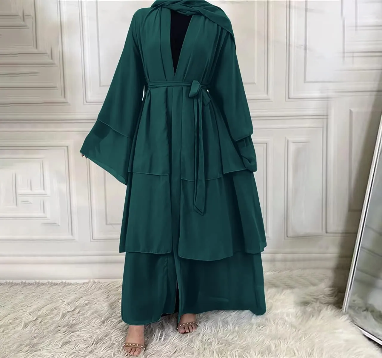 Muslim Abaya Dress for Women - Long Sleeve Islamic Dubai Abaya Cardigan Robe - Middle East Prayer Dress with Hijab