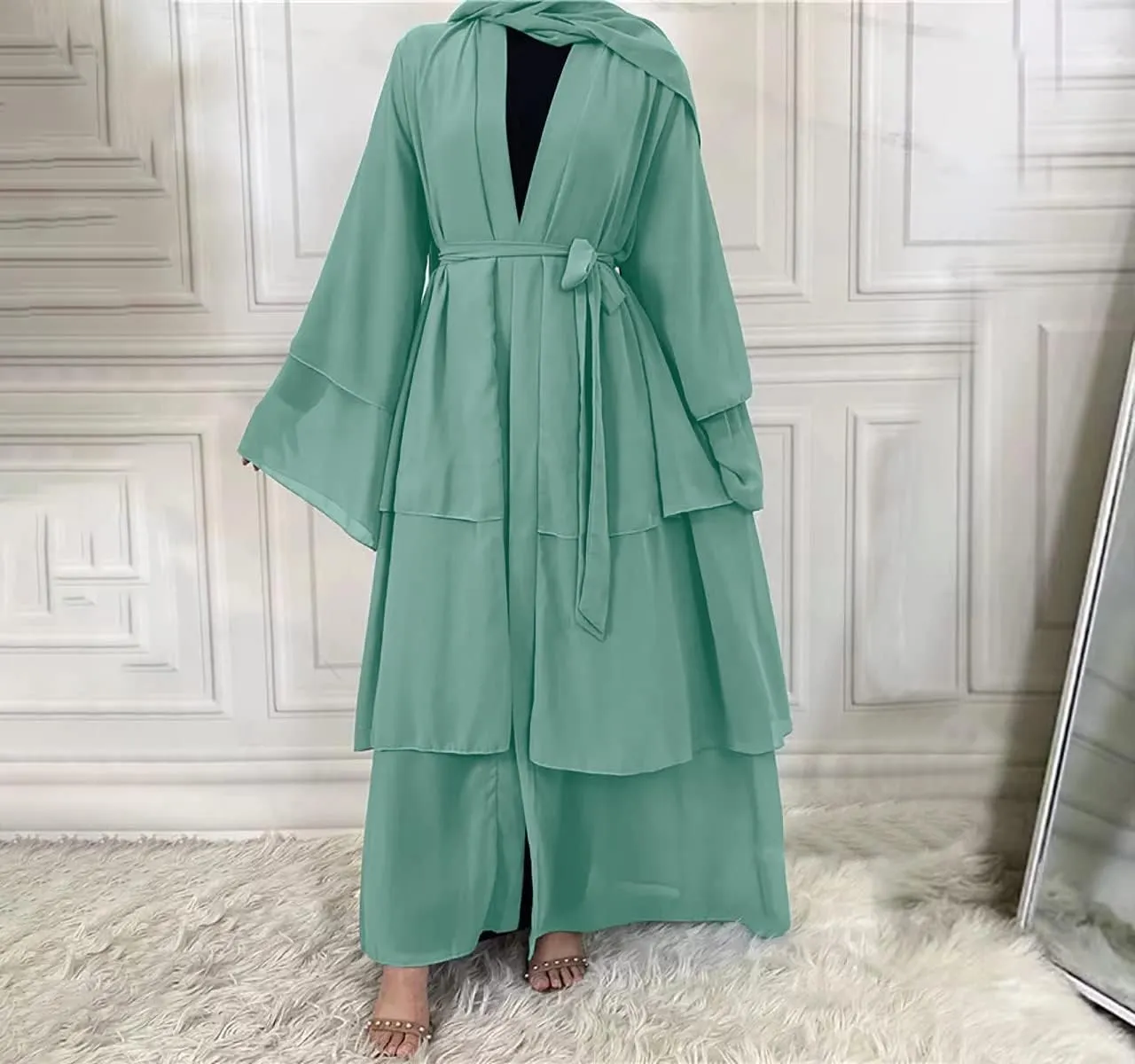 Muslim Abaya Dress for Women - Long Sleeve Islamic Dubai Abaya Cardigan Robe - Middle East Prayer Dress with Hijab