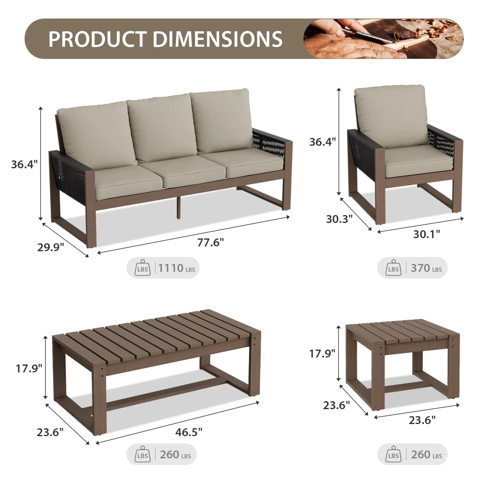 Natural Wood Outdoor Patio Furniture Set, Sofa 2 Patio Chairs, Coffee Table and Side Table, 5 pcs
