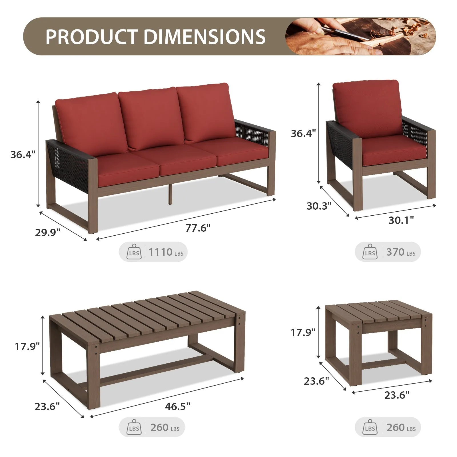 Natural Wood Outdoor Patio Furniture Set, Sofa 2 Patio Chairs, Coffee Table and Side Table, 5 pcs
