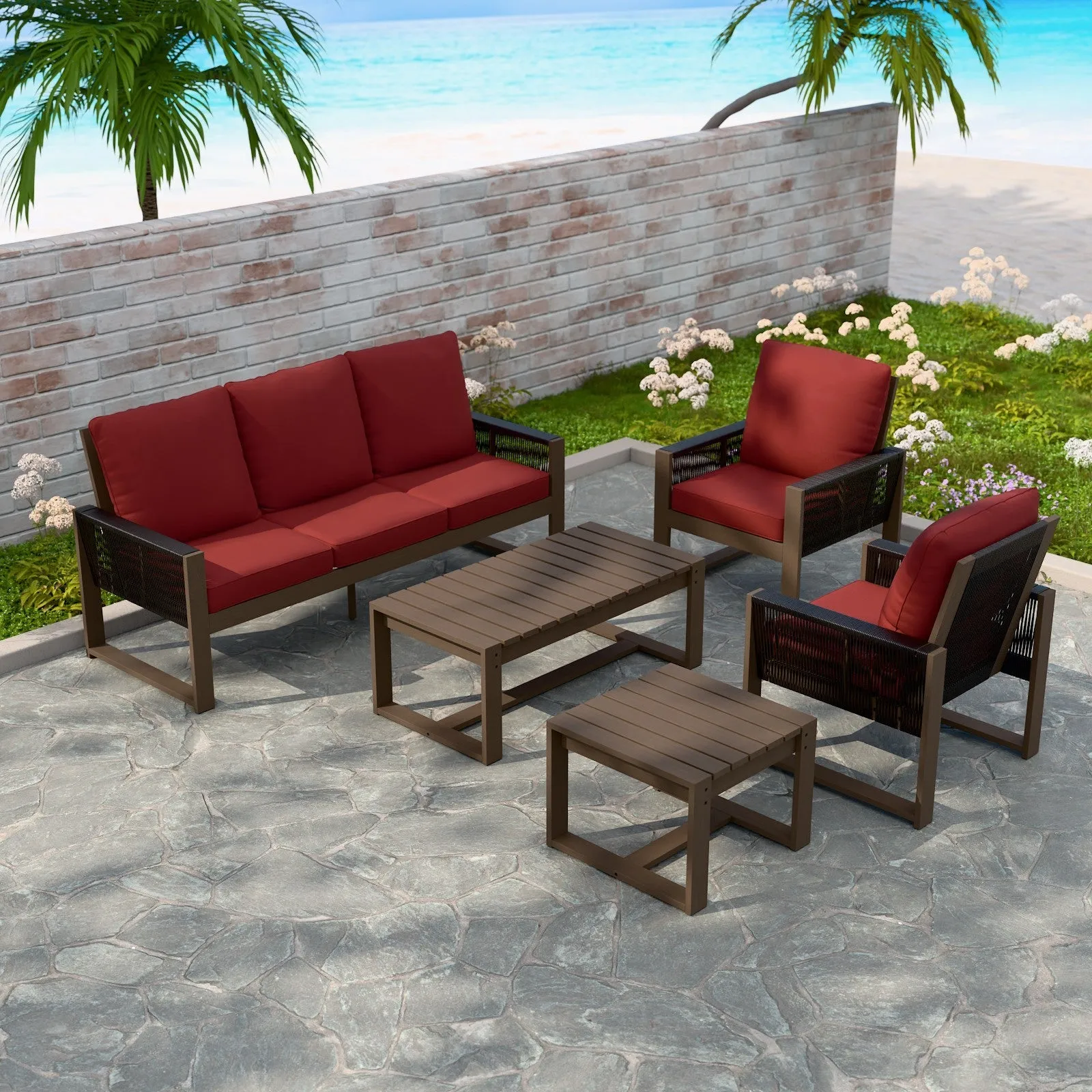 Natural Wood Outdoor Patio Furniture Set, Sofa 2 Patio Chairs, Coffee Table and Side Table, 5 pcs