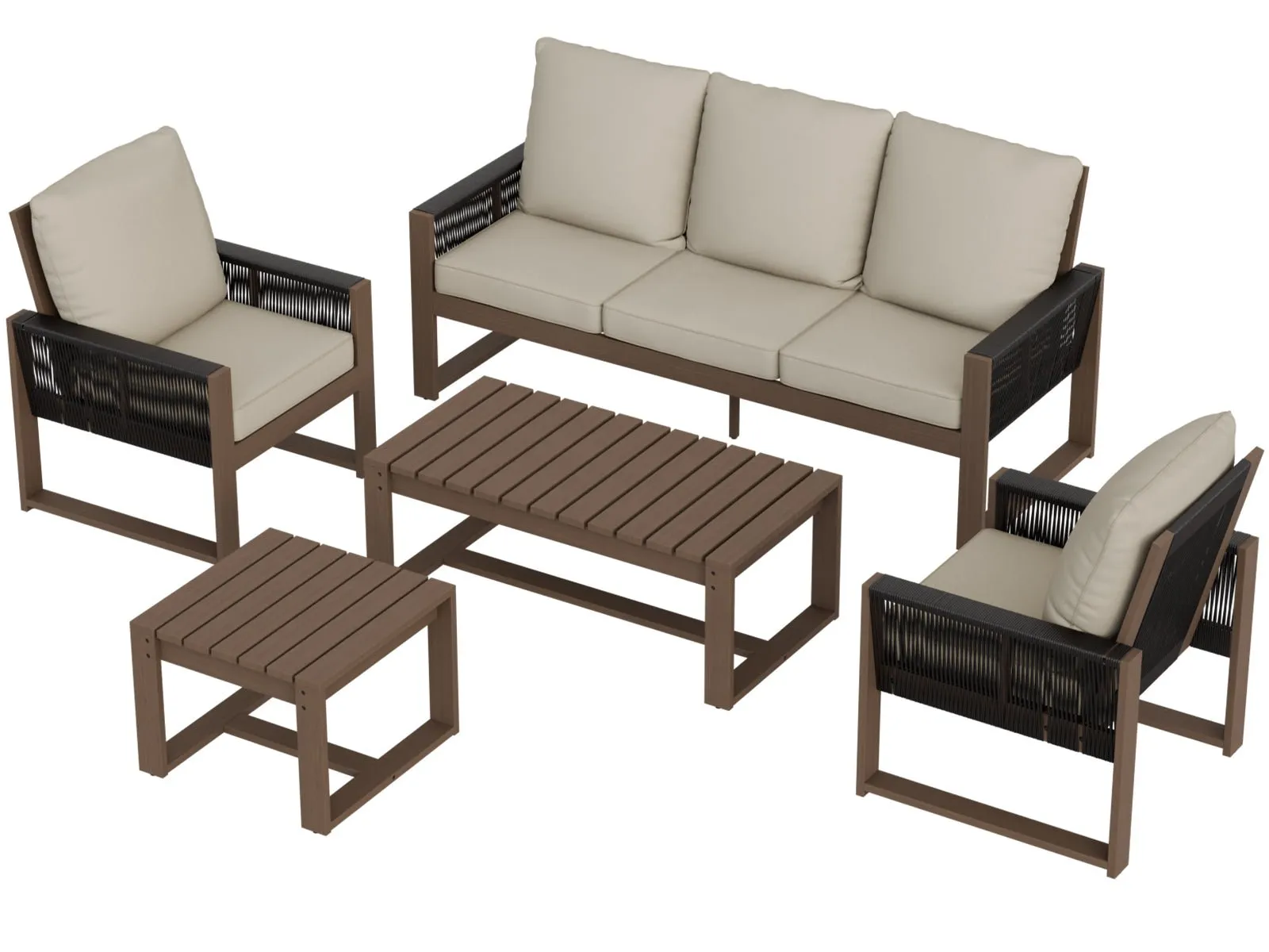 Natural Wood Outdoor Patio Furniture Set, Sofa 2 Patio Chairs, Coffee Table and Side Table, 5 pcs