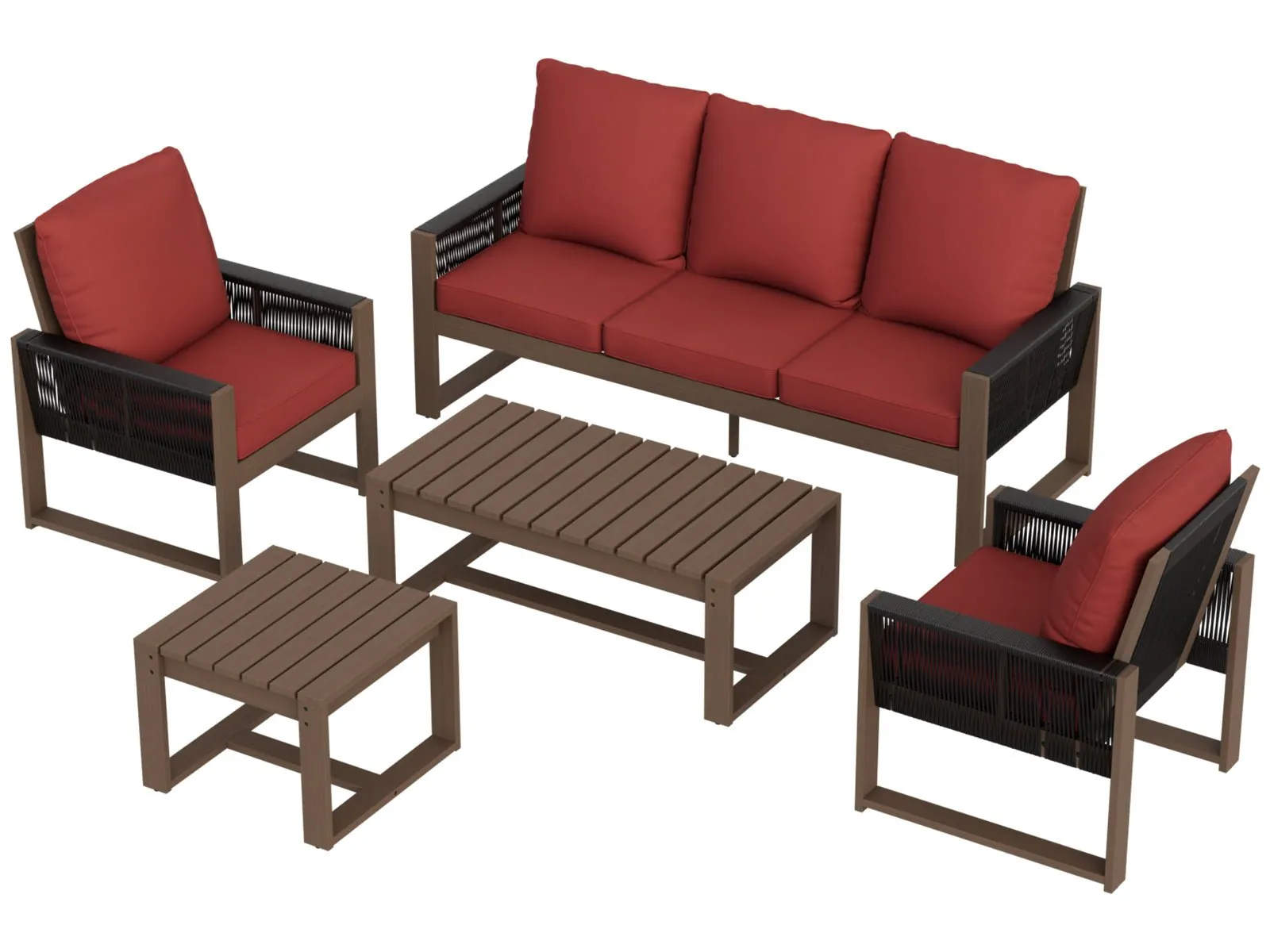 Natural Wood Outdoor Patio Furniture Set, Sofa 2 Patio Chairs, Coffee Table and Side Table, 5 pcs