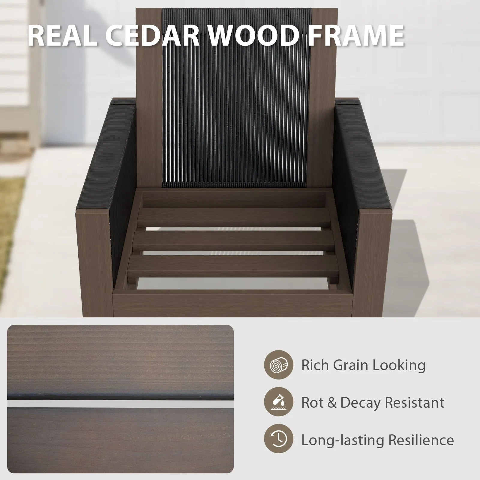 Natural Wood Outdoor Patio Furniture Set, Sofa 2 Patio Chairs, Coffee Table and Side Table, 5 pcs