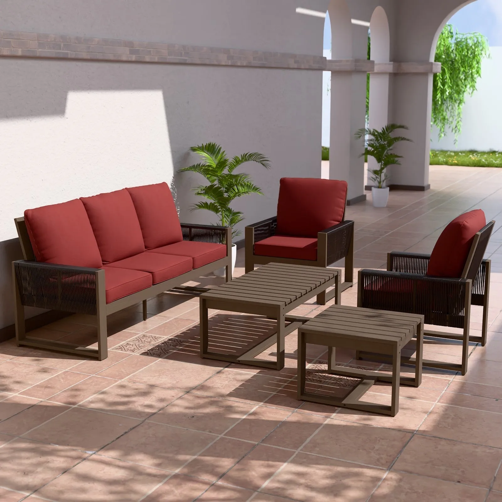 Natural Wood Outdoor Patio Furniture Set, Sofa 2 Patio Chairs, Coffee Table and Side Table, 5 pcs