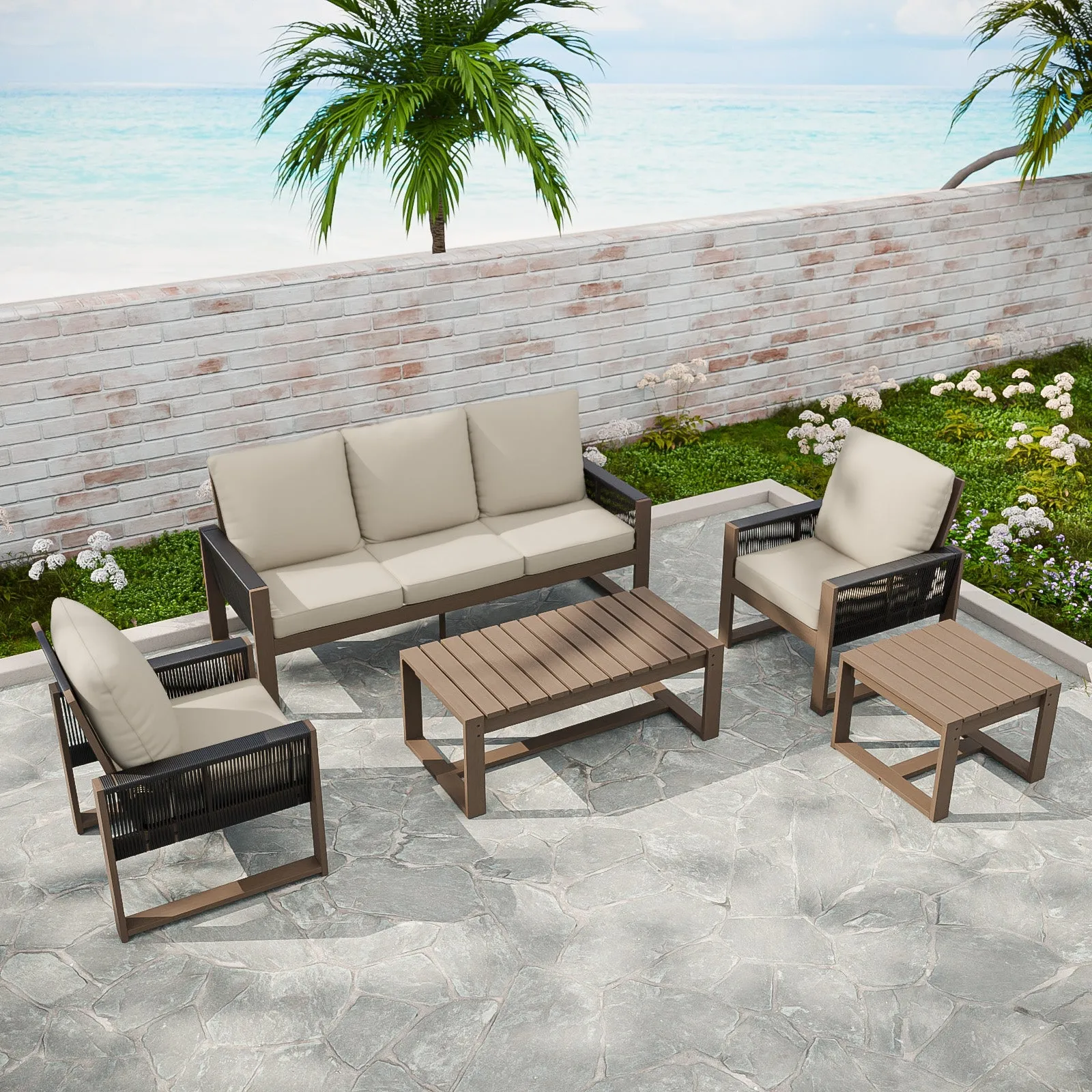 Natural Wood Outdoor Patio Furniture Set, Sofa 2 Patio Chairs, Coffee Table and Side Table, 5 pcs
