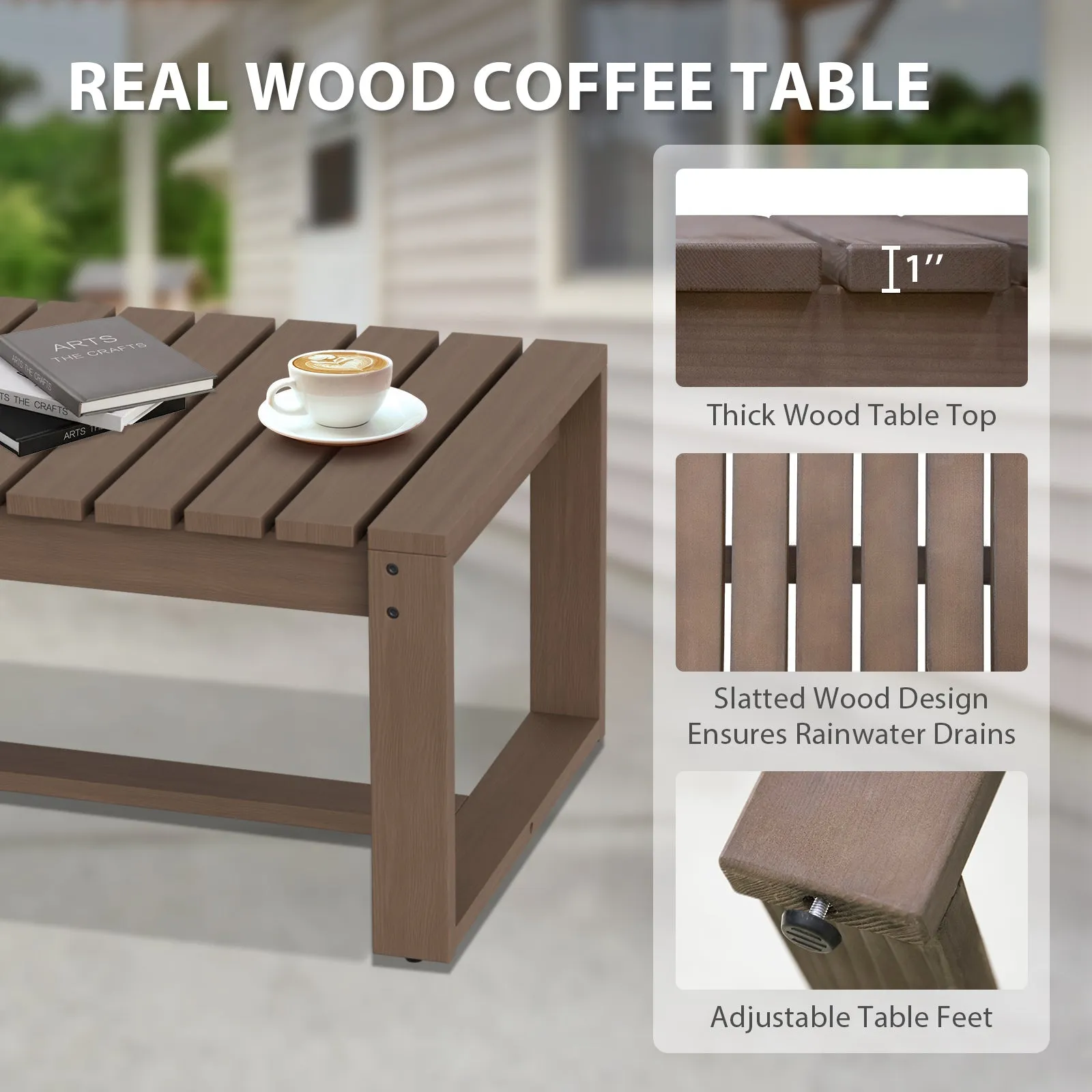 Natural Wood Outdoor Patio Furniture Set, Sofa 2 Patio Chairs, Coffee Table and Side Table, 5 pcs