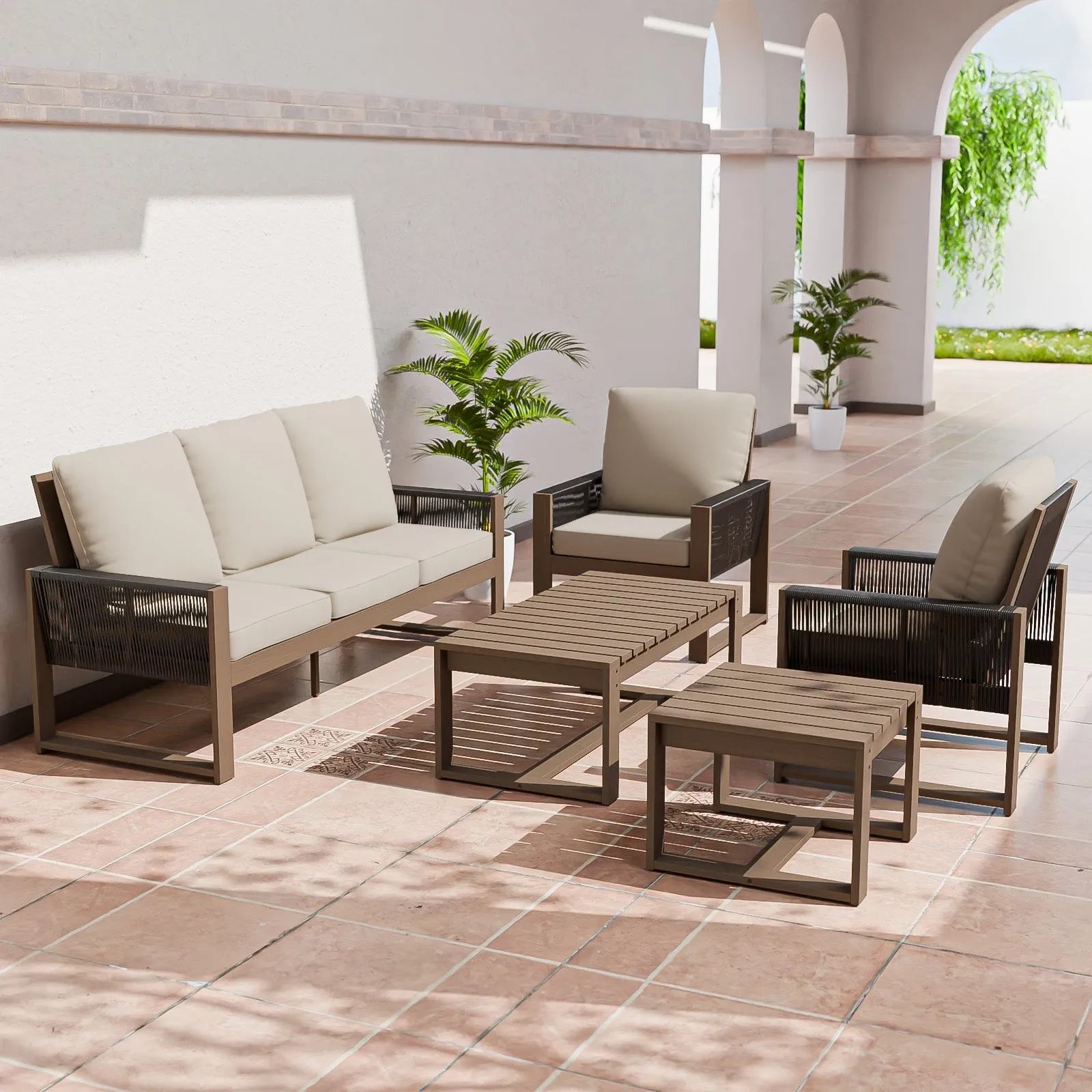 Natural Wood Outdoor Patio Furniture Set, Sofa 2 Patio Chairs, Coffee Table and Side Table, 5 pcs