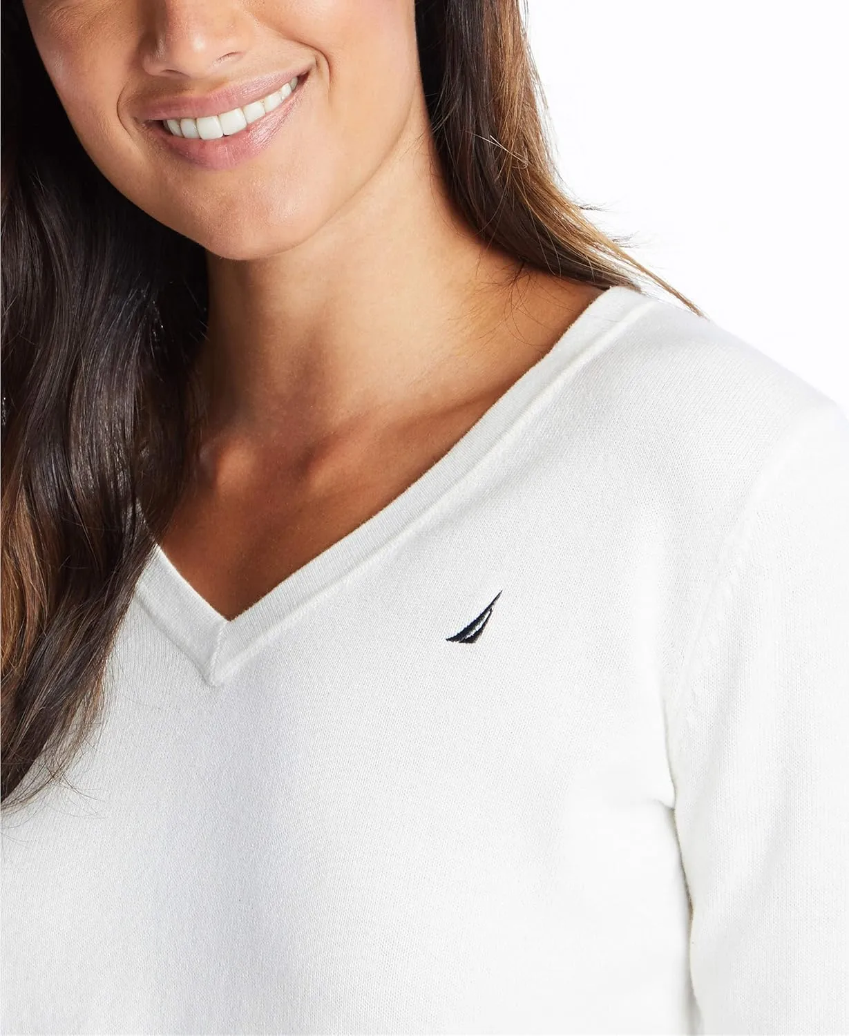 Nautica Women's Effortless J-Class Long Sleeve 100% Cotton V-Neck Sweater