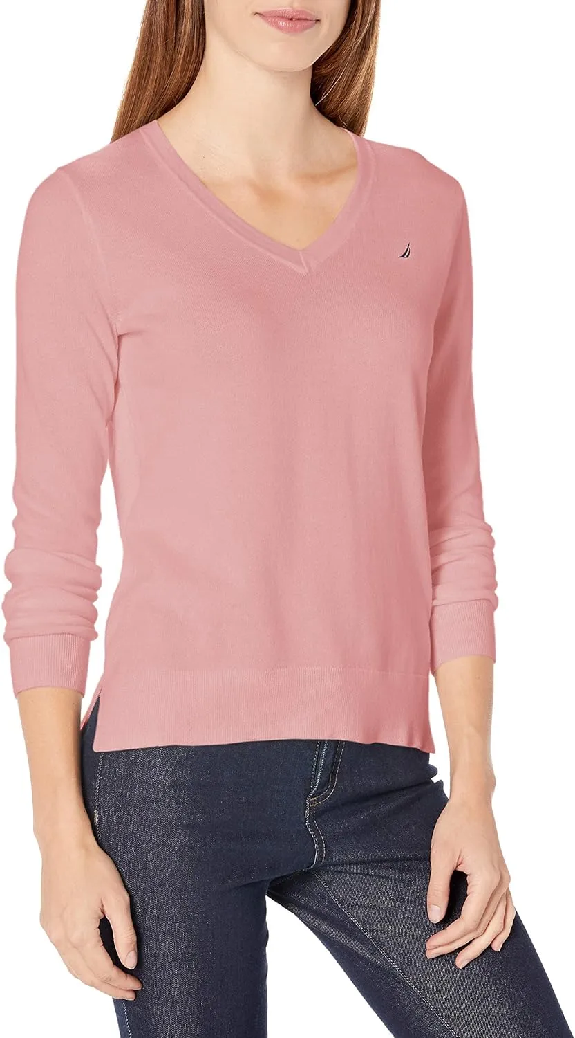 Nautica Women's Effortless J-Class Long Sleeve 100% Cotton V-Neck Sweater