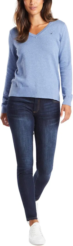 Nautica Women's Effortless J-Class Long Sleeve 100% Cotton V-Neck Sweater