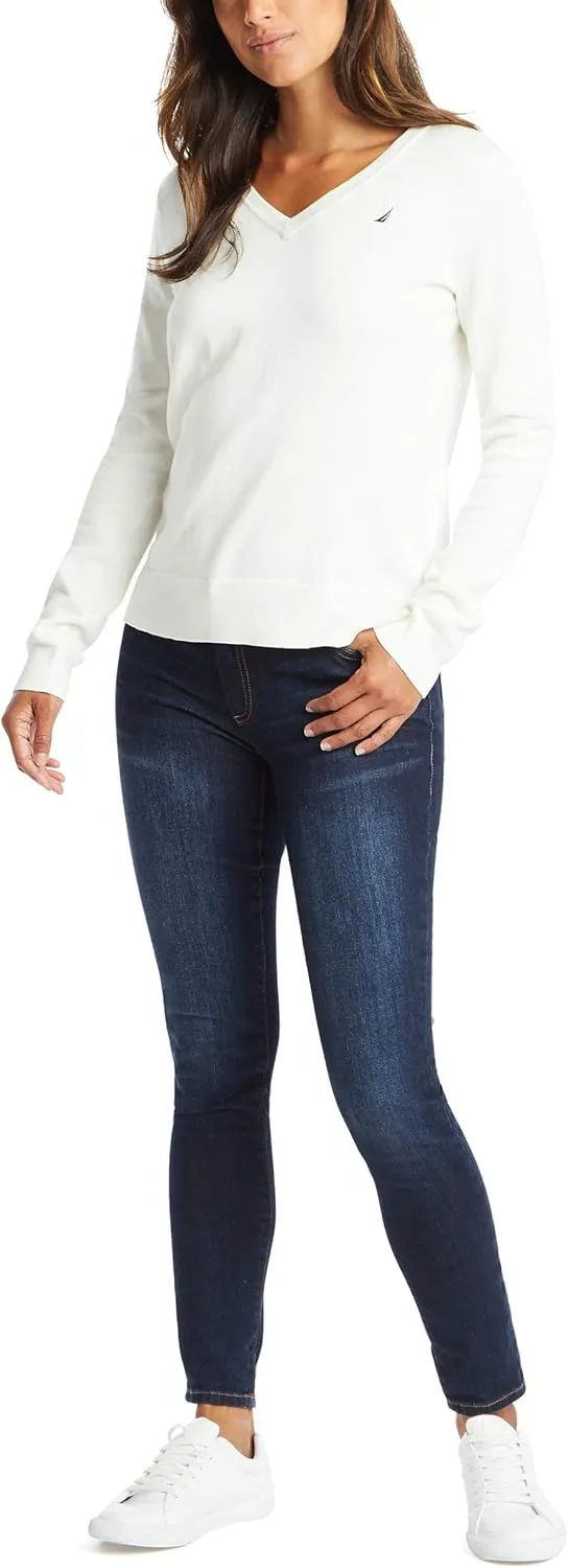 Nautica Women's Effortless J-Class Long Sleeve 100% Cotton V-Neck Sweater