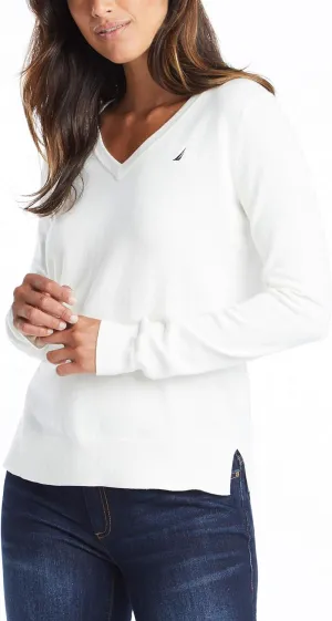 Nautica Women's Effortless J-Class Long Sleeve 100% Cotton V-Neck Sweater