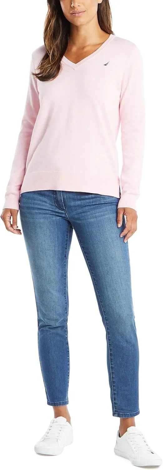 Nautica Women's Effortless J-Class Long Sleeve 100% Cotton V-Neck Sweater
