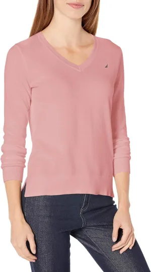 Nautica Women's Effortless J-Class Long Sleeve 100% Cotton V-Neck Sweater