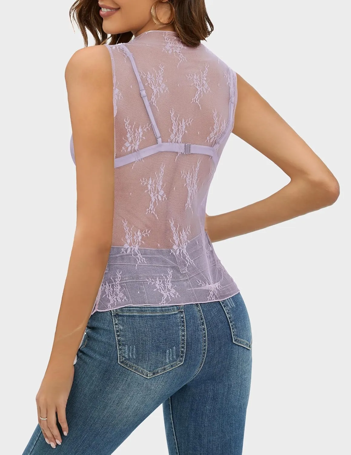 NENONA Women's 2025 Sleeveless Mesh Sheer Tops Mock Neck Lace Floral See Through Tank Shirts