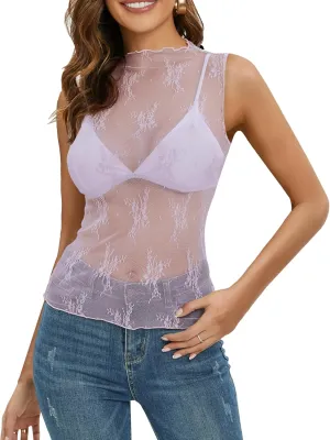 NENONA Women's 2025 Sleeveless Mesh Sheer Tops Mock Neck Lace Floral See Through Tank Shirts