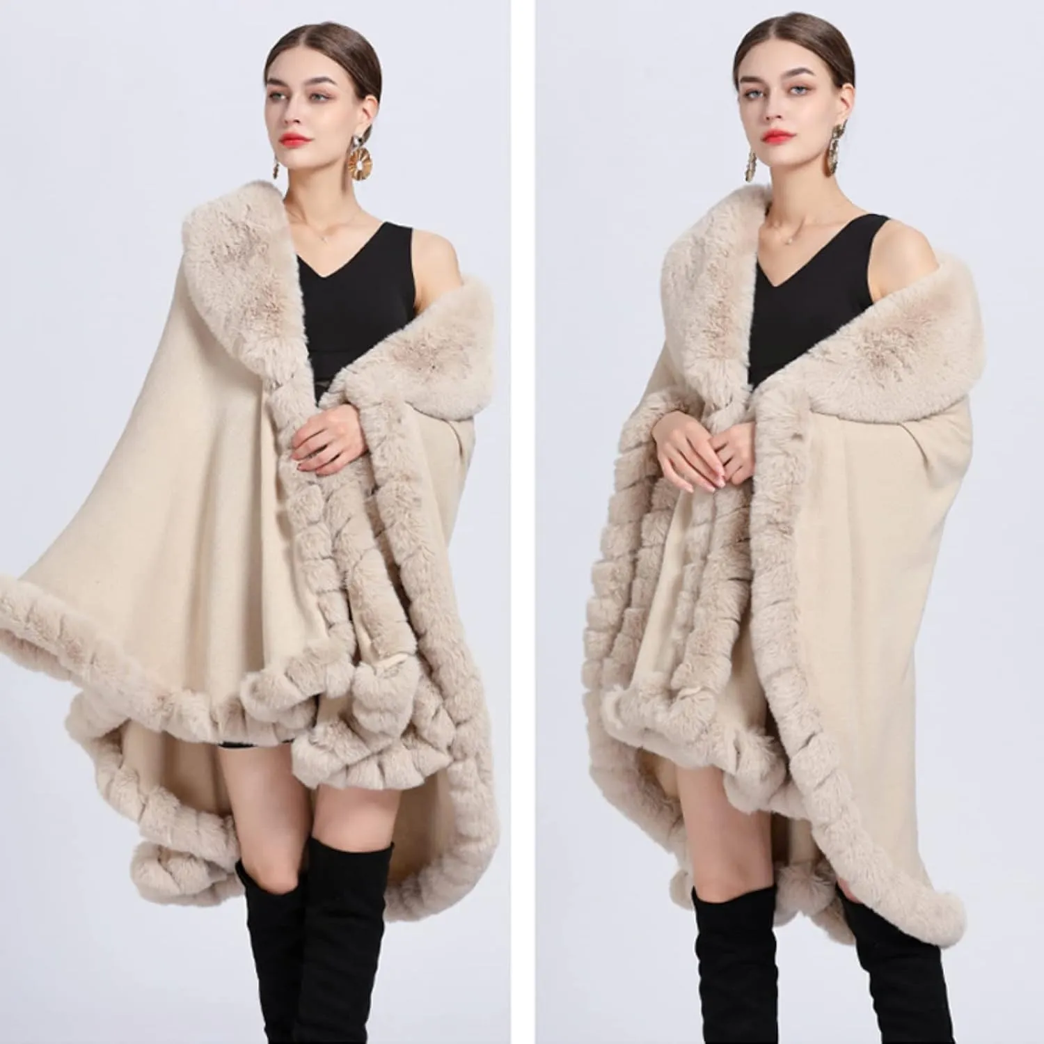 Obosoyo Ponchos for Women Shawls and Wraps Evening Dresses Faux Fur Collar Cloak Cape Pashmina