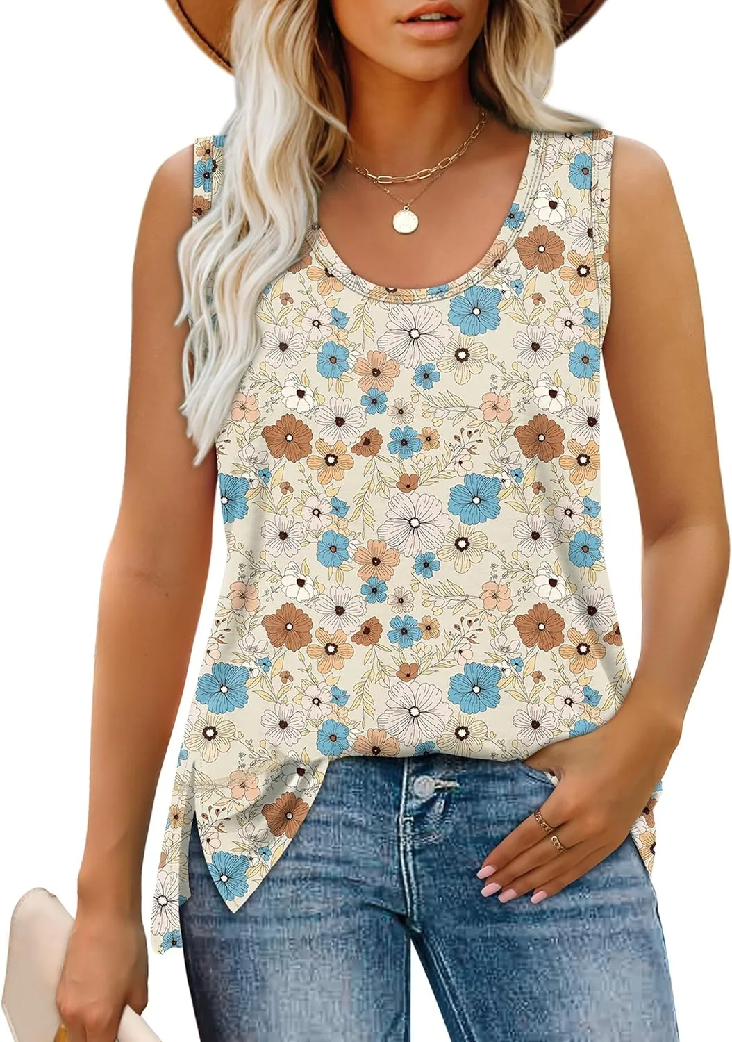 OFEEFAN Women's Side Slit Tank Tops Flowy Sleeveless Shirts Loose Fit Scoop Neck Tops Basic Casual S-4XL