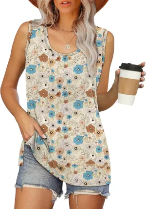 OFEEFAN Women's Side Slit Tank Tops Flowy Sleeveless Shirts Loose Fit Scoop Neck Tops Basic Casual S-4XL