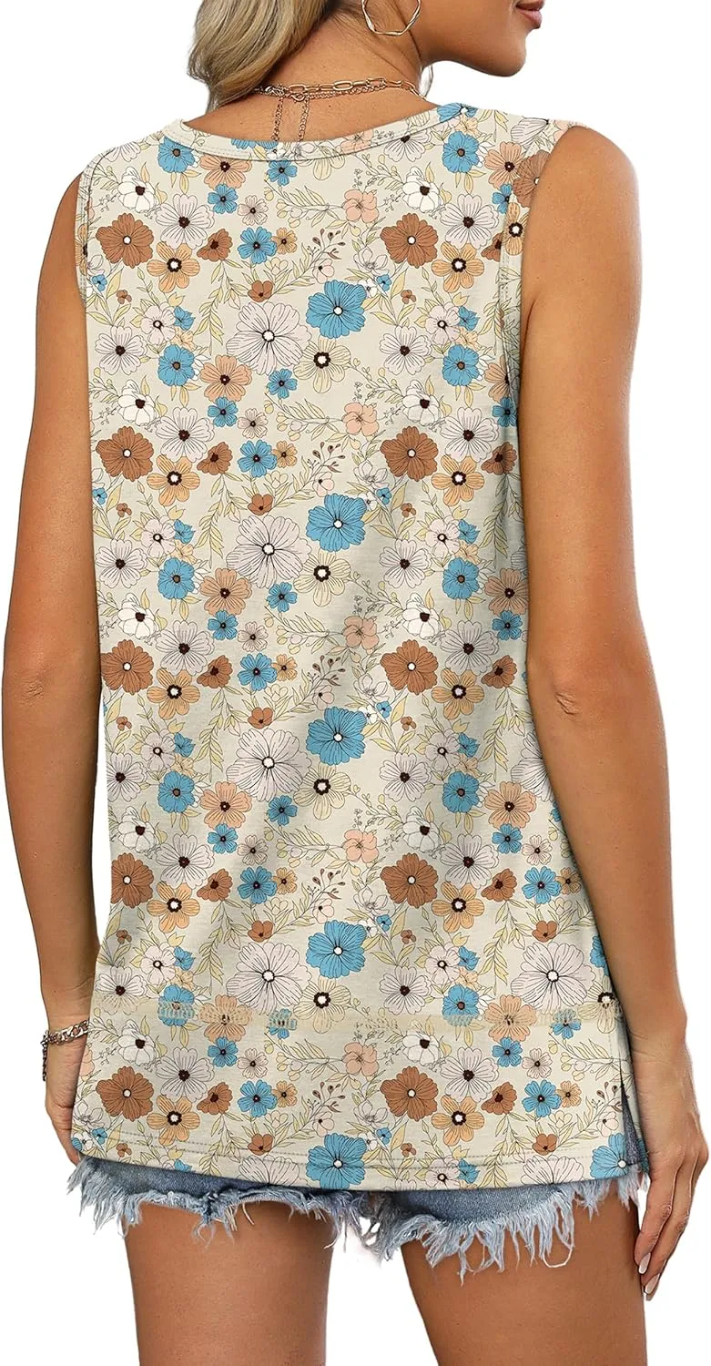 OFEEFAN Women's Side Slit Tank Tops Flowy Sleeveless Shirts Loose Fit Scoop Neck Tops Basic Casual S-4XL
