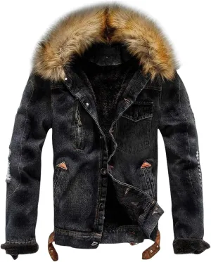 Omoone Men's Faux Fur Collar Sherpa Fleece Lined Distressed Denim Trucker Jacket