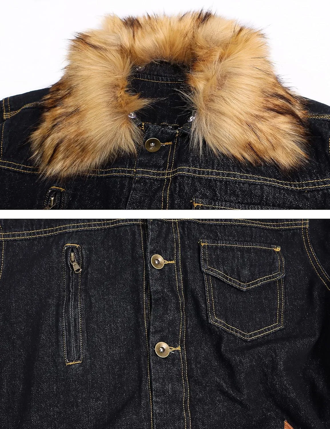 Omoone Men's Faux Fur Collar Sherpa Fleece Lined Distressed Denim Trucker Jacket