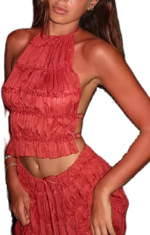 Open Back Halter Tops for Women Bow Tie Back Ruched Ruffle Crop Tops Smocked Y2K Going Out Camisoles
