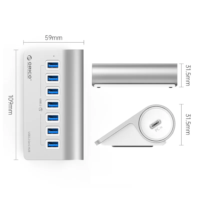 Orico Aluminum Alloy 7 Port Usb Hub | 7X Usb 3.2 Type-A | Type-A To Type-C (90 Degree Type-C | 1M |