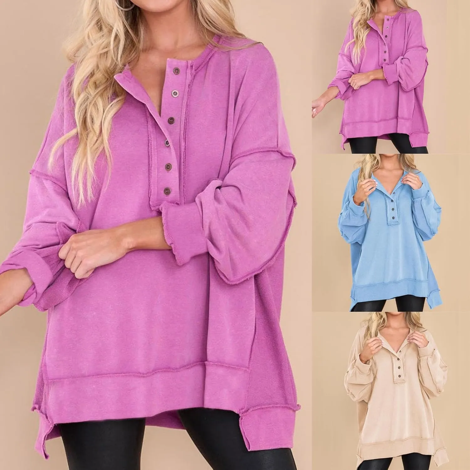 Oversized Sweatshirts for Women Loose Fit Button Henley Neck Pullover Casual Solid Pullover Long Sleeve Tunic Top