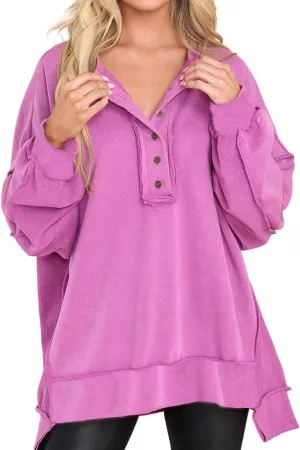 Oversized Sweatshirts for Women Loose Fit Button Henley Neck Pullover Casual Solid Pullover Long Sleeve Tunic Top