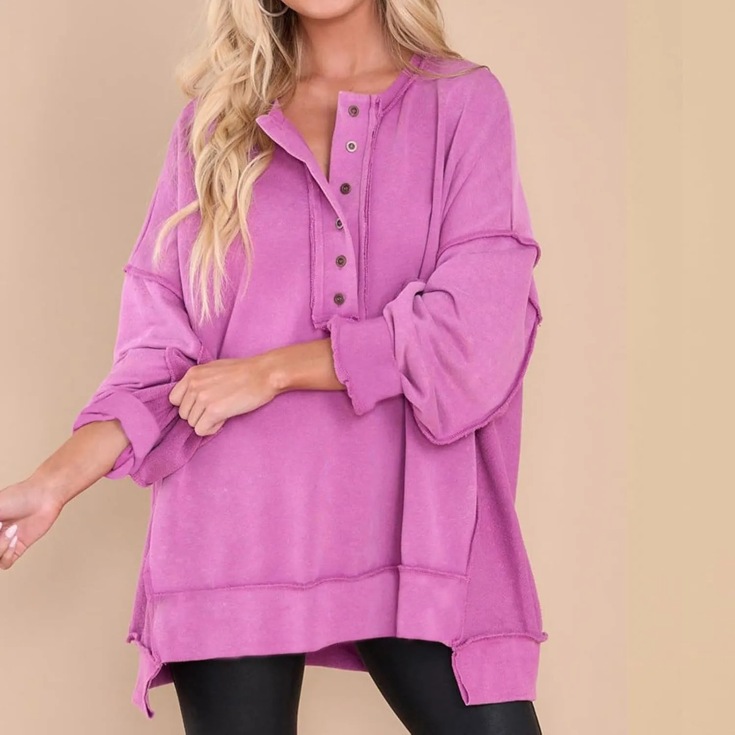 Oversized Sweatshirts for Women Loose Fit Button Henley Neck Pullover Casual Solid Pullover Long Sleeve Tunic Top