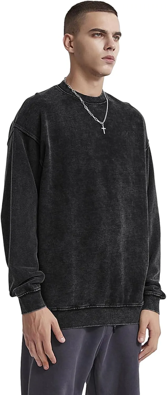 Oversized Vintage Crewneck Sweatshirt Men Acid Wash Cotton Baggy Trendy Streetwear Long Sleeve Shirts Pullover Tops