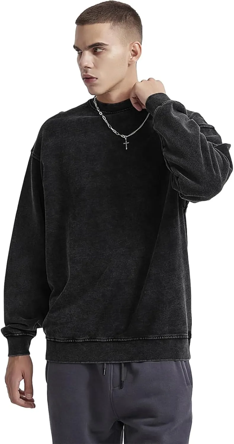 Oversized Vintage Crewneck Sweatshirt Men Acid Wash Cotton Baggy Trendy Streetwear Long Sleeve Shirts Pullover Tops