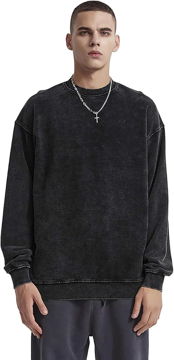 Oversized Vintage Crewneck Sweatshirt Men Acid Wash Cotton Baggy Trendy Streetwear Long Sleeve Shirts Pullover Tops