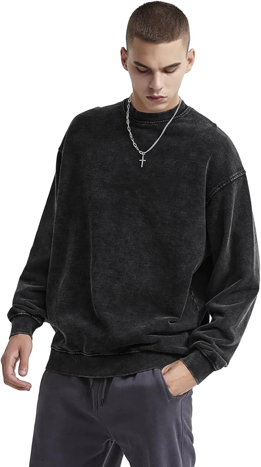 Oversized Vintage Crewneck Sweatshirt Men Acid Wash Cotton Baggy Trendy Streetwear Long Sleeve Shirts Pullover Tops