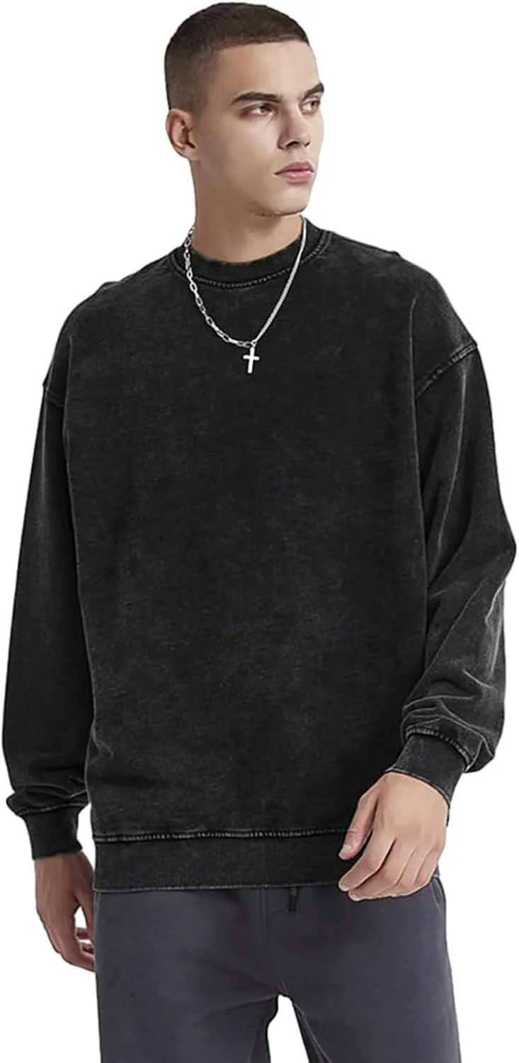 Oversized Vintage Crewneck Sweatshirt Men Acid Wash Cotton Baggy Trendy Streetwear Long Sleeve Shirts Pullover Tops