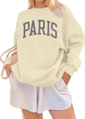 Paris France College Sweatshirt for Women Oversized Letter Graphic Preppy Shirts Crewneck Long Sleeve Pullover Tops