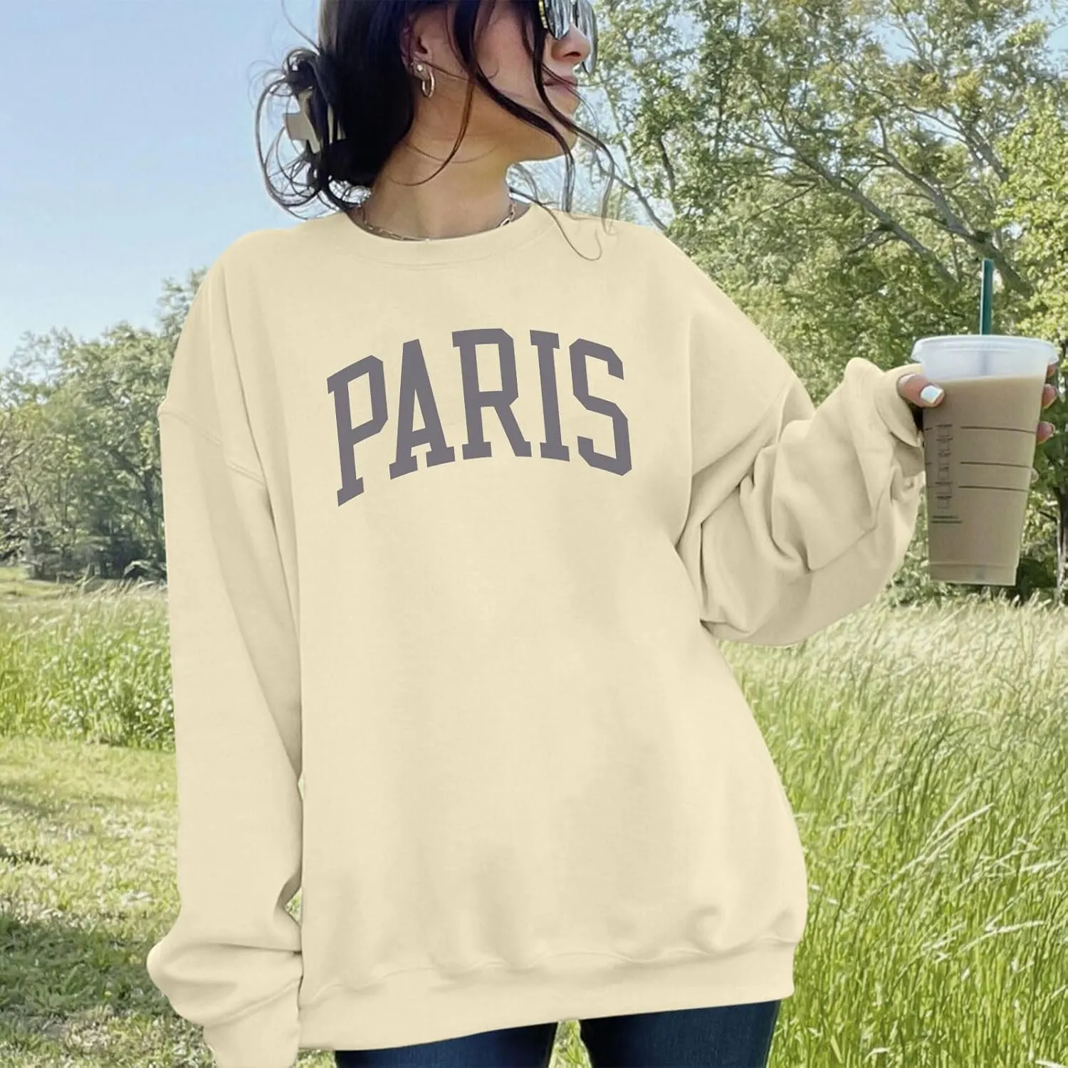 Paris France College Sweatshirt for Women Oversized Letter Graphic Preppy Shirts Crewneck Long Sleeve Pullover Tops