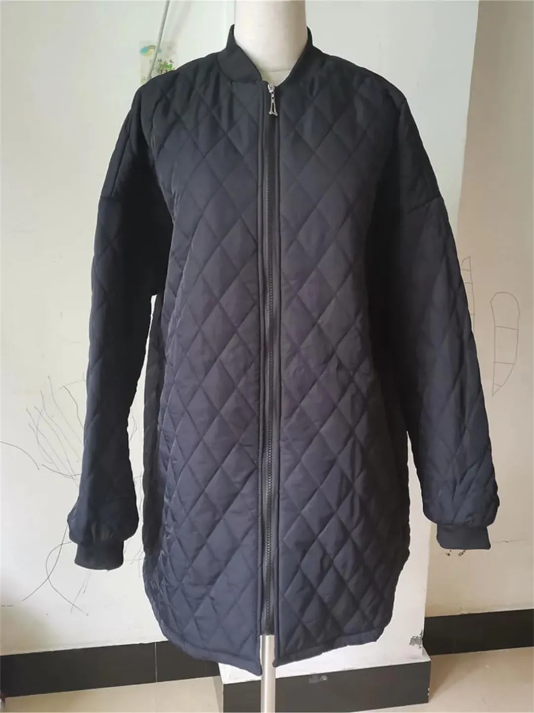 Parkas Women's Autumn Winter Long Sleeve Zipper Wadded Jacket Argyle Cotton-Padded Coat
