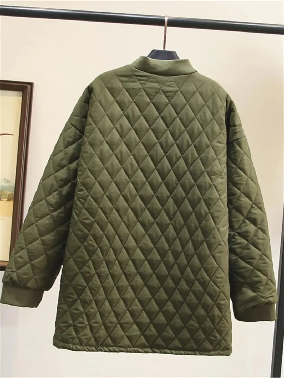 Parkas Women's Autumn Winter Long Sleeve Zipper Wadded Jacket Argyle Cotton-Padded Coat
