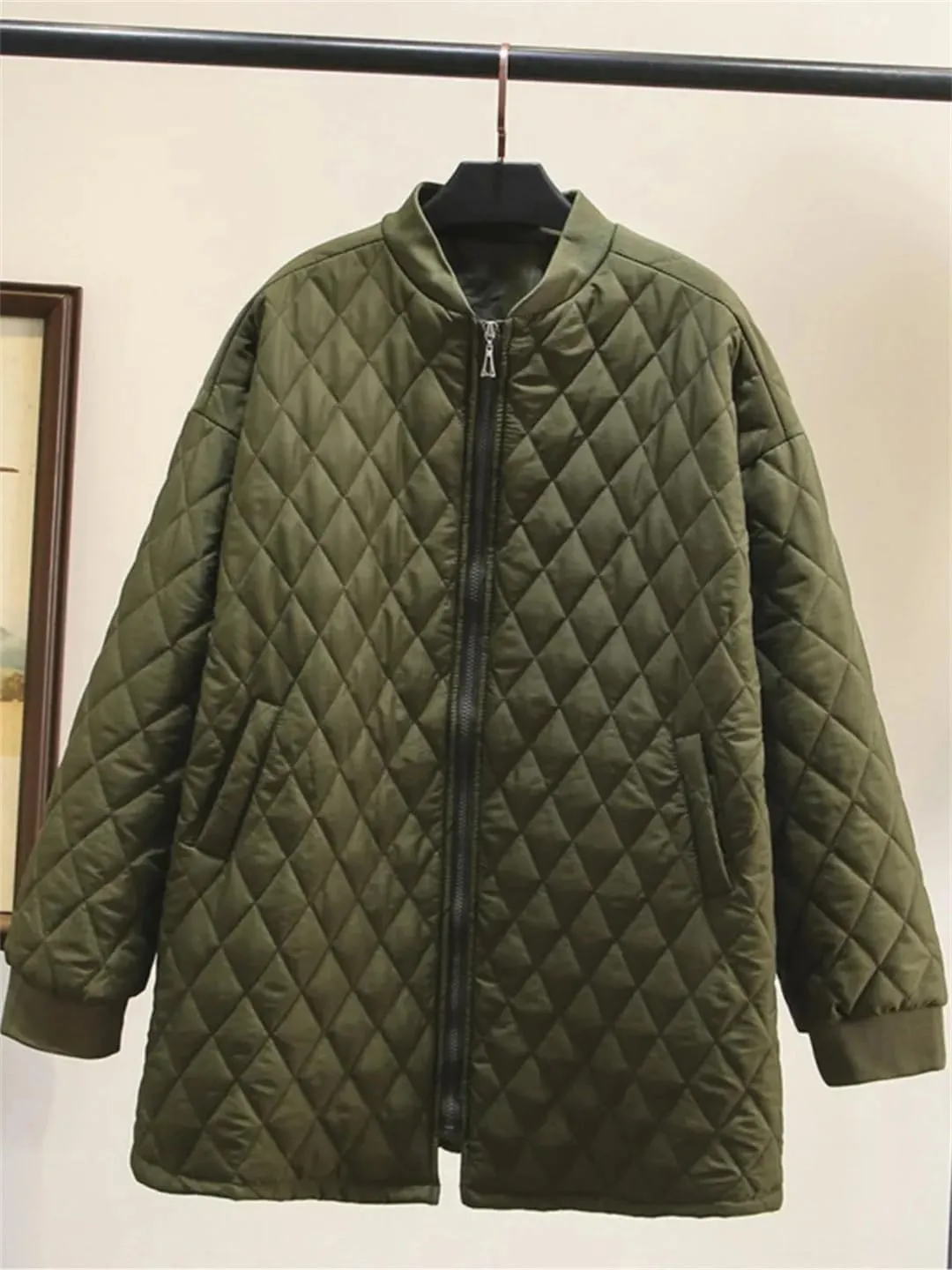 Parkas Women's Autumn Winter Long Sleeve Zipper Wadded Jacket Argyle Cotton-Padded Coat