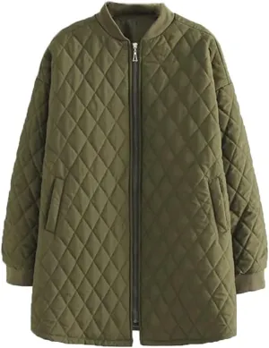 Parkas Women's Autumn Winter Long Sleeve Zipper Wadded Jacket Argyle Cotton-Padded Coat