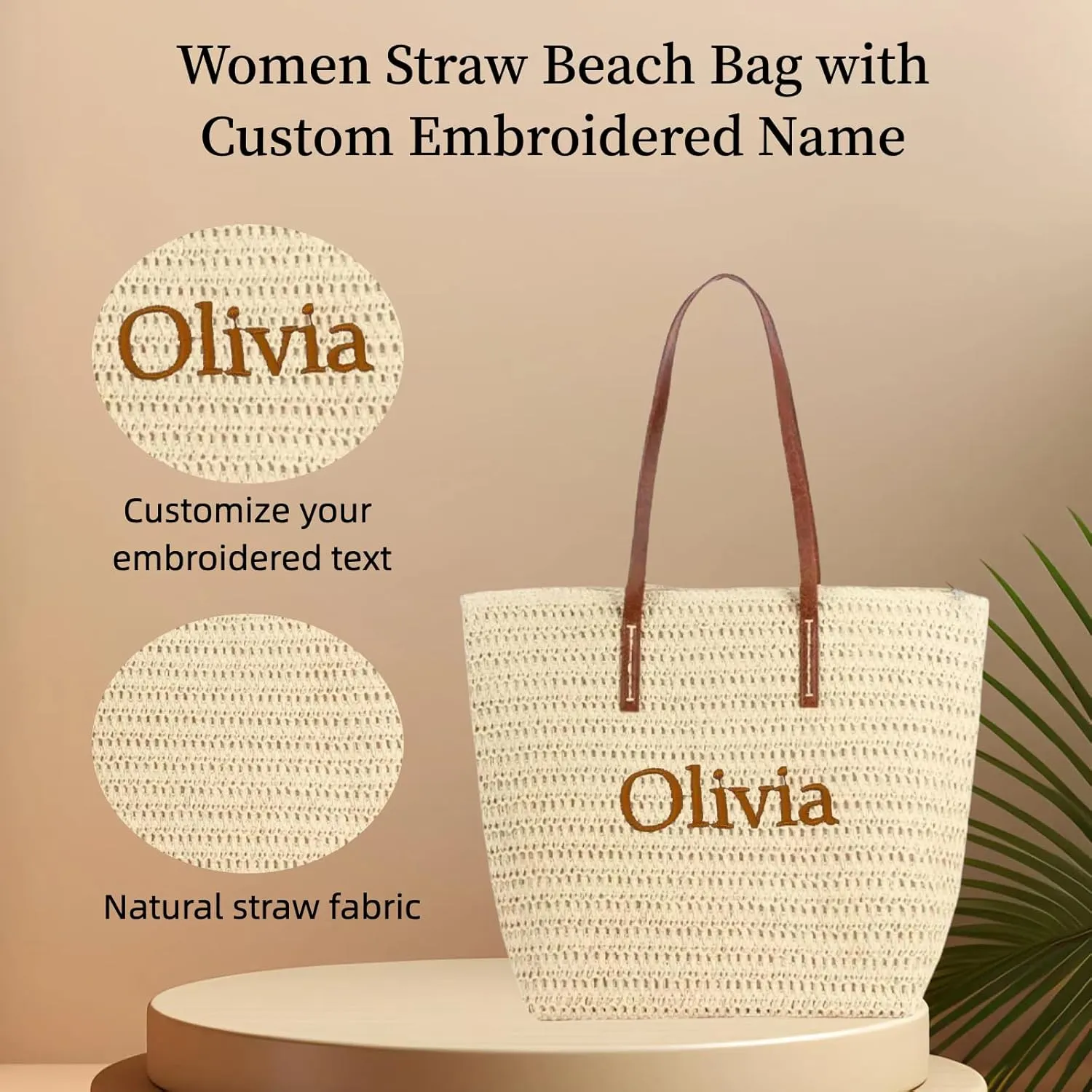 Personalized Straw Beach Bag for Women Woven Tote Bag with Custom Embroidered Name Casual Travel Shoulder Bag Handbags