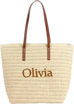 Personalized Straw Beach Bag for Women Woven Tote Bag with Custom Embroidered Name Casual Travel Shoulder Bag Handbags