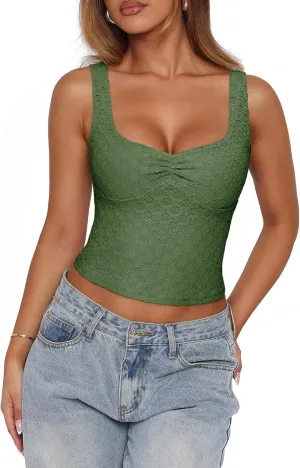 PINKMSTYLE Women Sexy Square Neck Tank Tops Slim Sleeveless Double Lined Going Out Fashion Lace Backless Y2K Tops