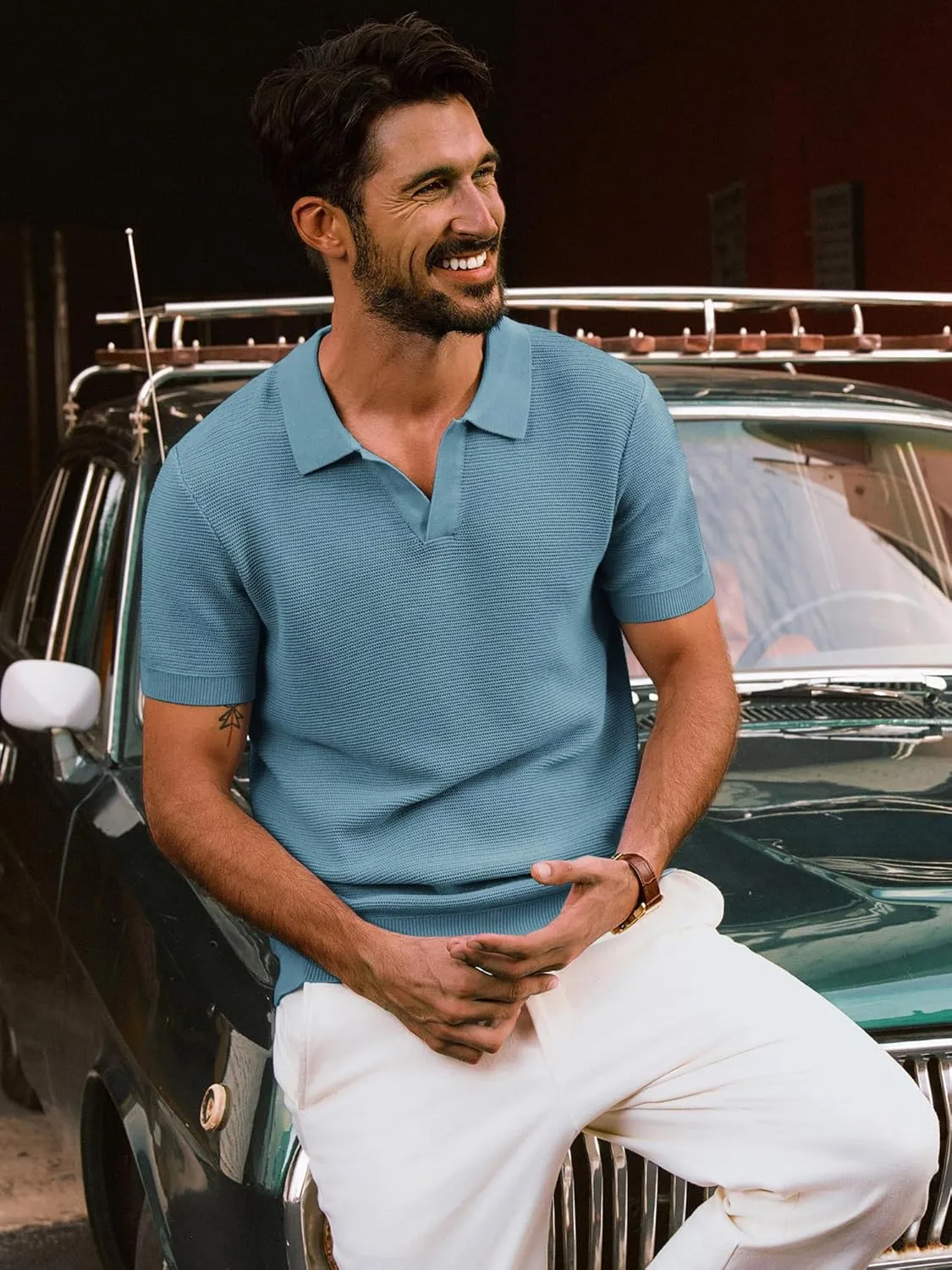PJ PAUL JONES Mens Polo Shirts Short Sleeve Casual V Neck Ribbed Textured Knit Polo Shirt