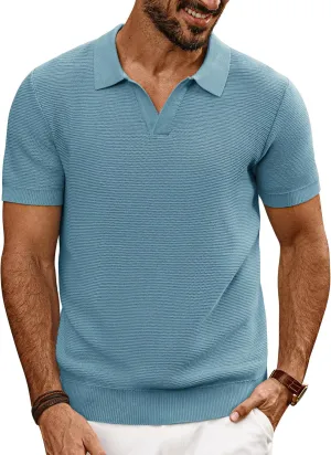 PJ PAUL JONES Mens Polo Shirts Short Sleeve Casual V Neck Ribbed Textured Knit Polo Shirt